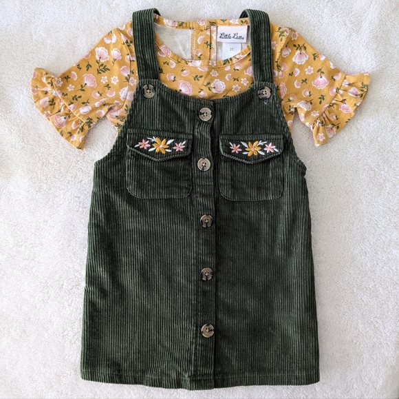 Little Lass Toddler Fall style green overall dress w/ floral tee. Size 3T